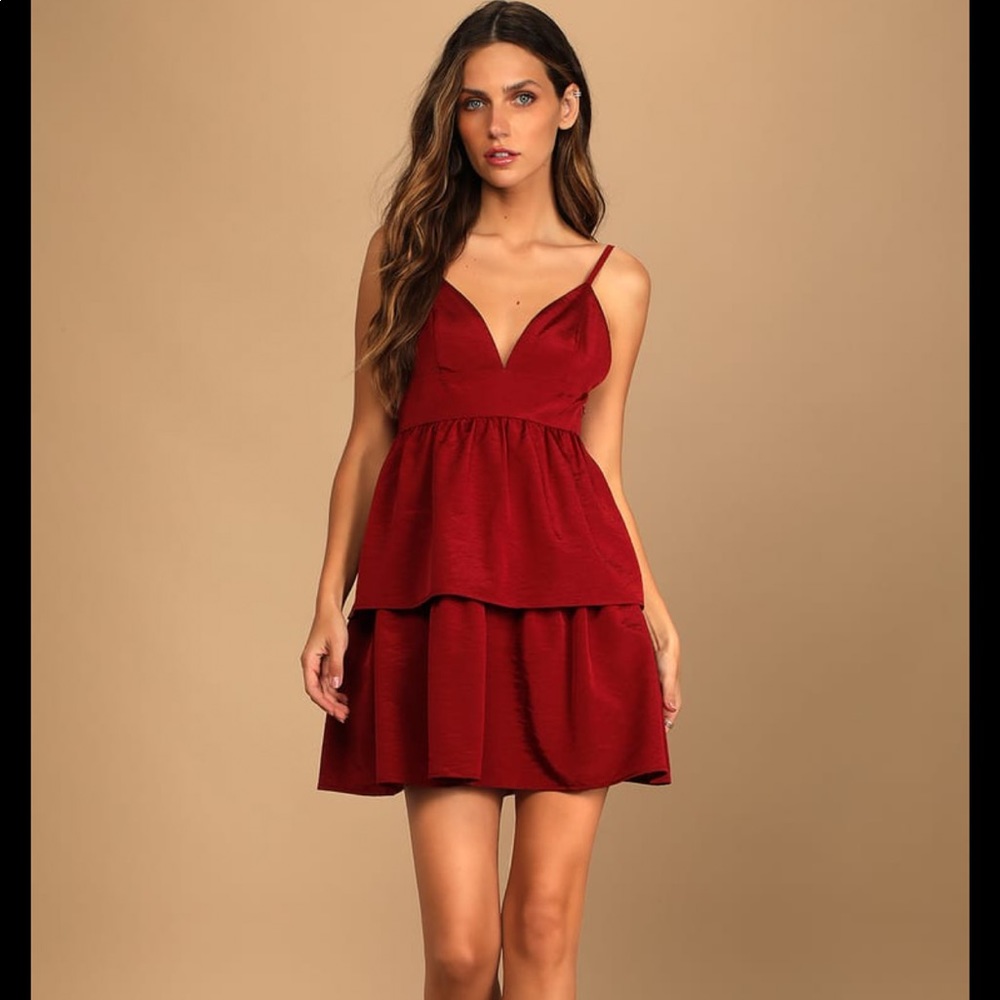 Lulu’s Party Pose Wine Red Satin Tiered Sleeveless Mini Dress